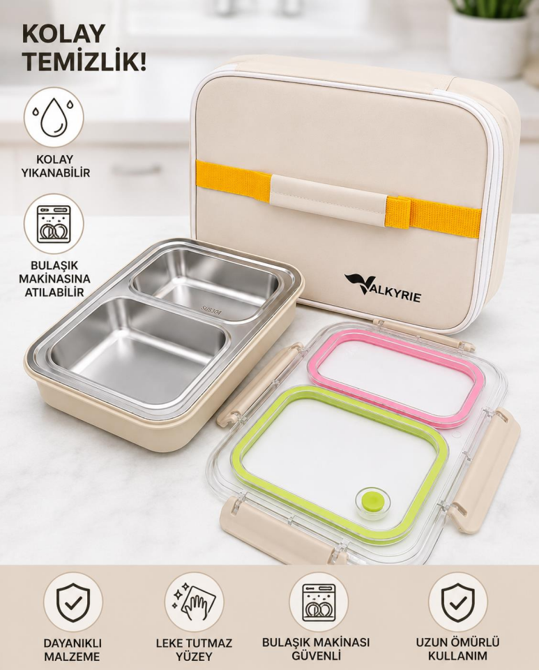 Valkyrie 2 Bölmeli 304 Paslanmaz Çelik Lunch Box | Sızdırmaz  Renkli Yemek Taşıma Kabı + Termal Çanta