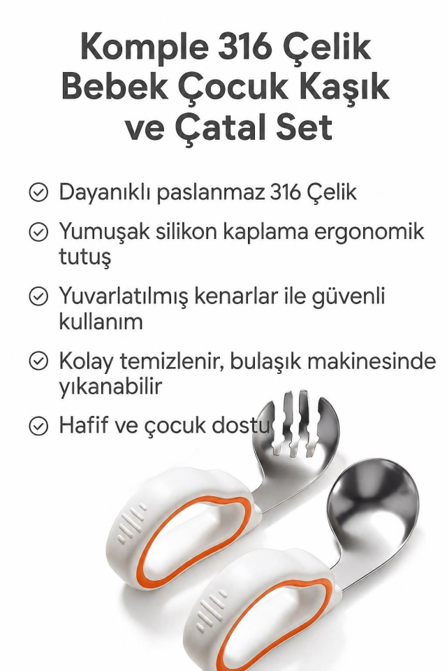 Valkyrie 316 Çelik Bebek Kaşık Çatal Seti | Ergonomik Silikon Tutma Saplı, Güvenli ve Kaymaz Tasarım