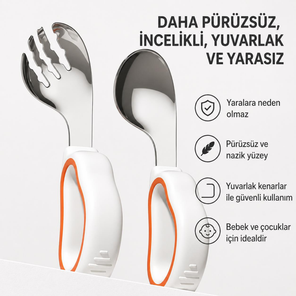 Valkyrie 316 Çelik Bebek Kaşık Çatal Seti | Ergonomik Silikon Tutma Saplı, Güvenli ve Kaymaz Tasarım