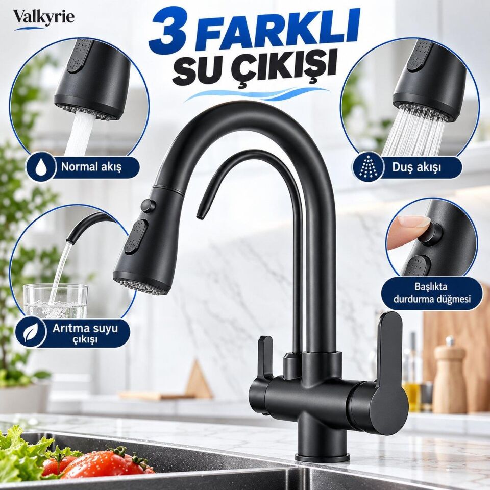 Valkyrie 3 Yollu Arıtmalı Çekilebilir Mutfak Bataryası Siyah 2 Akışlı Spiral Başlıklı
