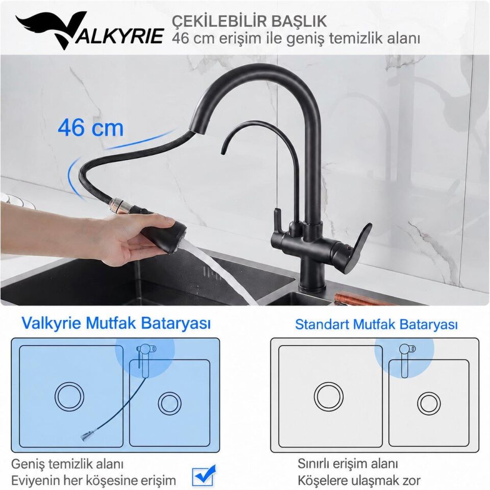 Valkyrie 3 Yollu Arıtmalı Çekilebilir Mutfak Bataryası Siyah 2 Akışlı Spiral Başlıklı