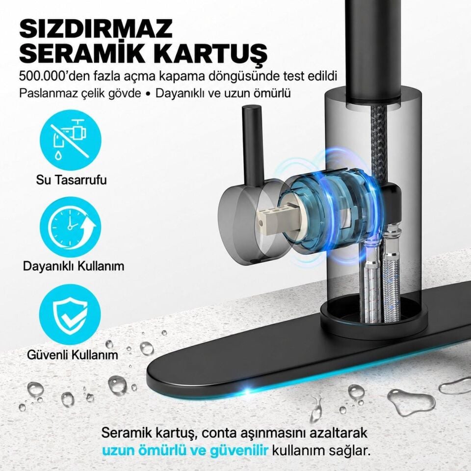 Valkyrie Çekilebilir Şelale Akışlı Mutfak Bataryası 3 Fonksiyonlu 360° Döner Siyah