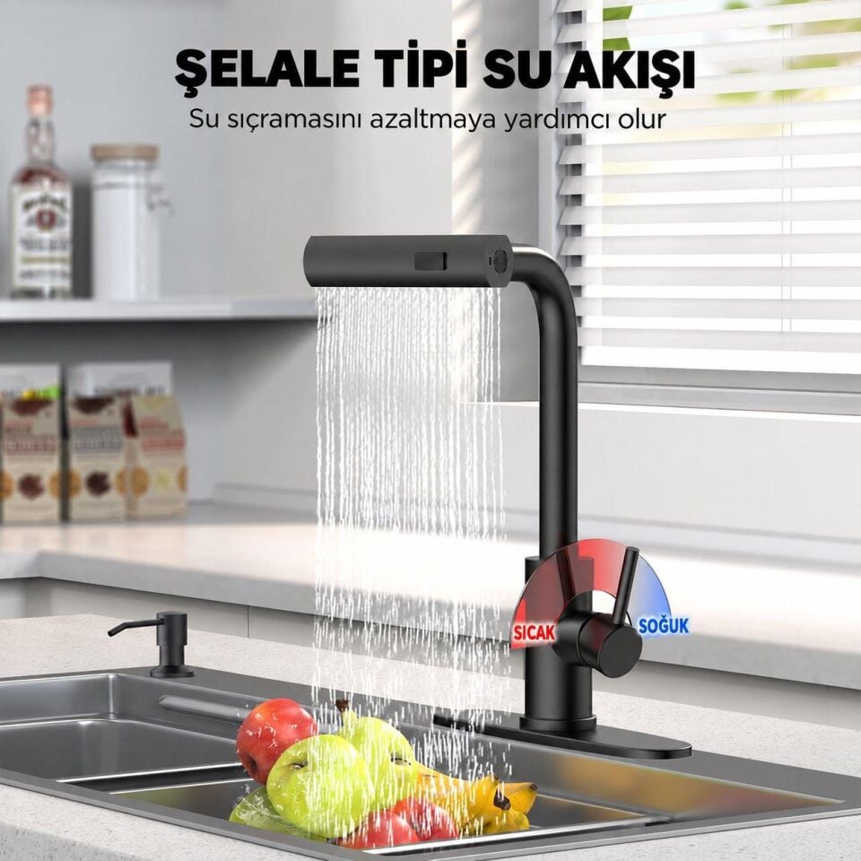 Valkyrie Çekilebilir Şelale Akışlı Mutfak Bataryası 3 Fonksiyonlu 360° Döner Siyah
