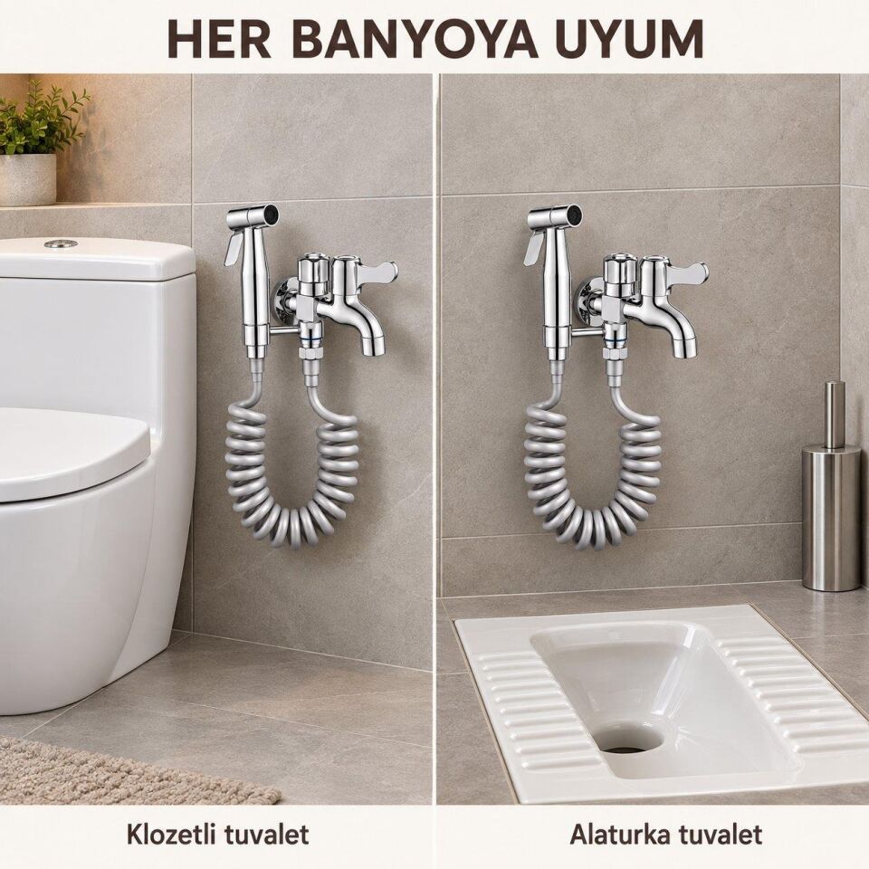 Valkyrie Çift Çıkışlı Taharet Musluğu Seti Spiral Hortumlu El Duşlu Krom Paslanmaz Çelik Gümüş