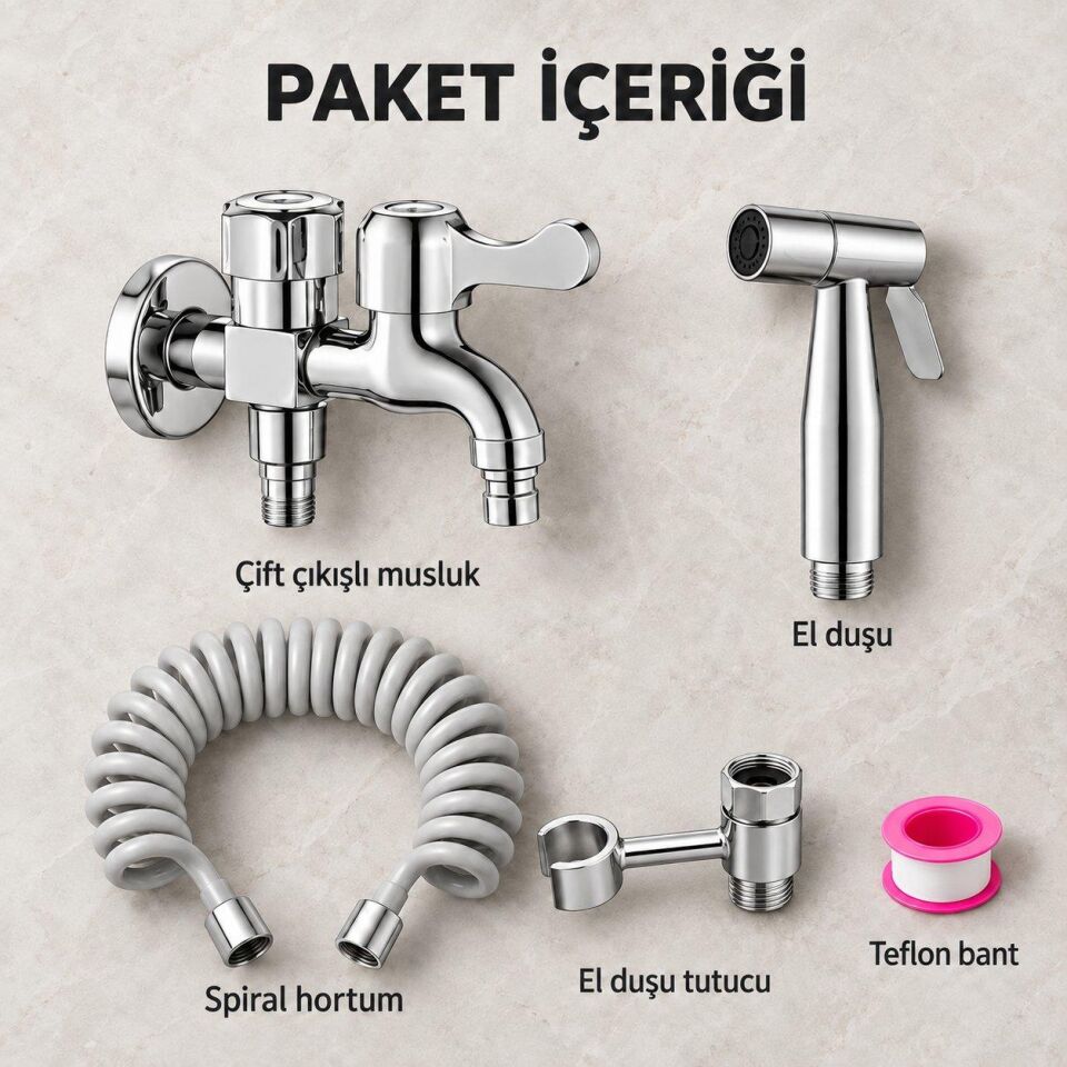 Valkyrie Çift Çıkışlı Taharet Musluğu Seti Spiral Hortumlu El Duşlu Krom Paslanmaz Çelik Gümüş