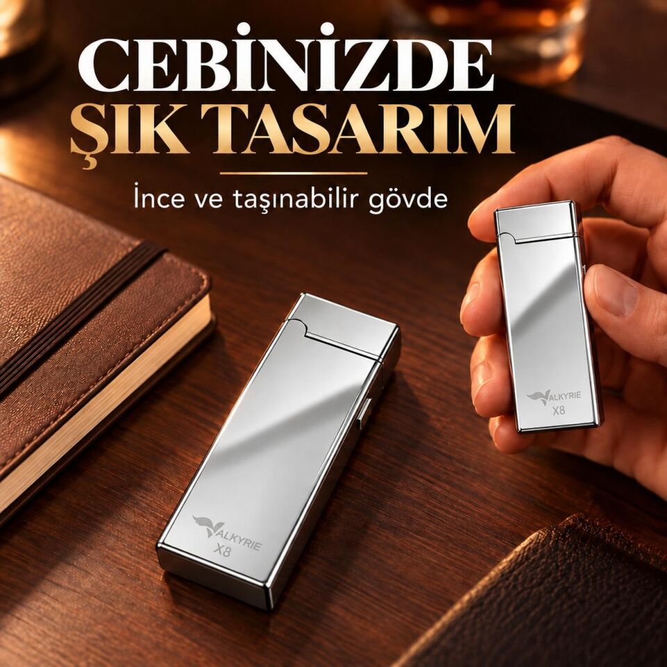 Valkyrie X8 USB Şarjlı Elektronik Ark Çakmak Alevsiz Rüzgara Dayanıklı Metalik Gümüş