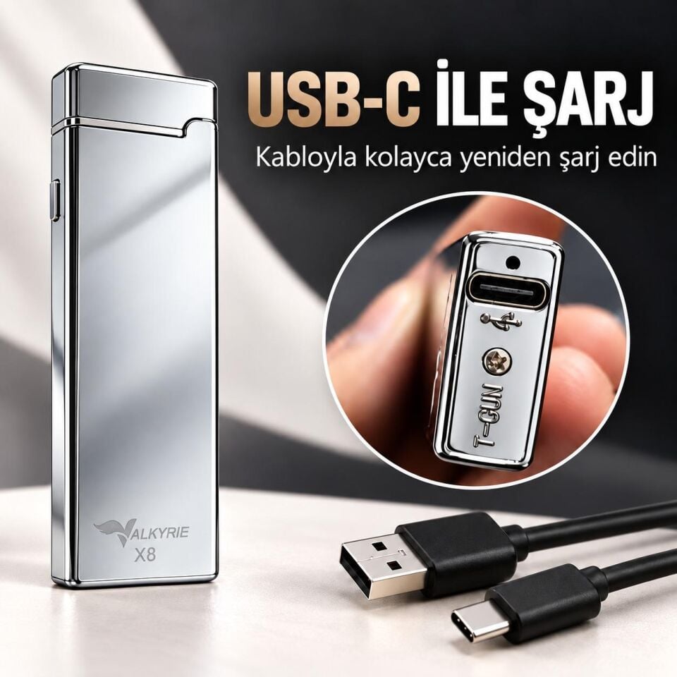 Valkyrie X8 USB Şarjlı Elektronik Ark Çakmak Alevsiz Rüzgara Dayanıklı Metalik Gümüş