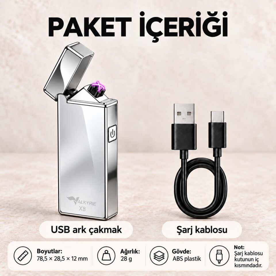 Valkyrie X8 USB Şarjlı Elektronik Ark Çakmak Alevsiz Rüzgara Dayanıklı Metalik Gümüş