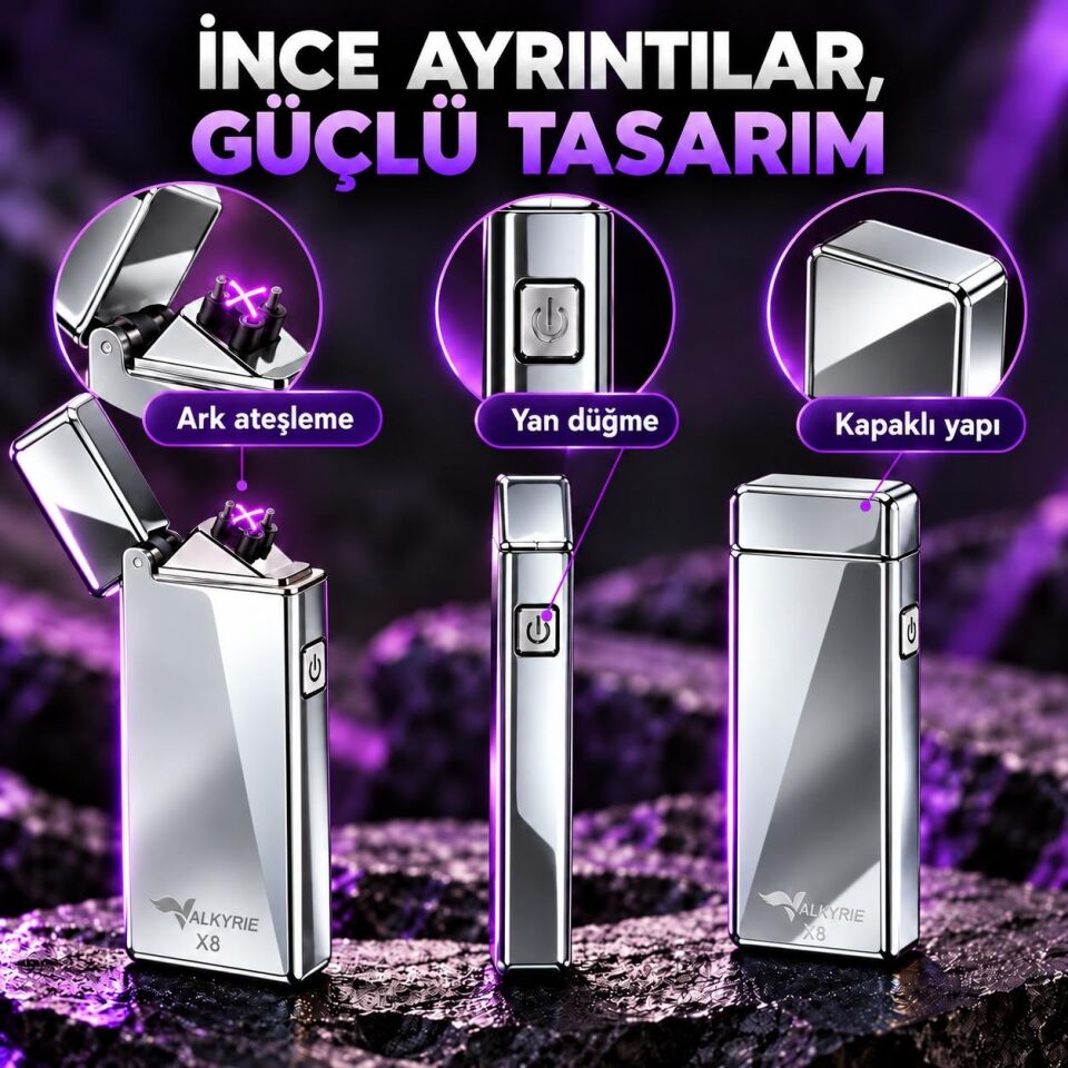 Valkyrie X8 USB Şarjlı Elektronik Ark Çakmak Alevsiz Rüzgara Dayanıklı Metalik Gümüş