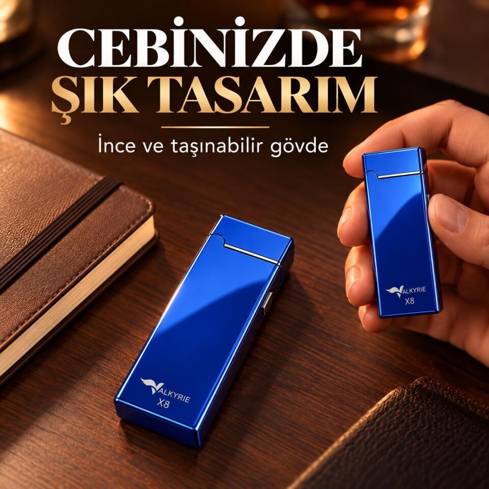 Valkyrie X8 USB Şarjlı Elektronik Ark Çakmak Alevsiz Rüzgara Dayanıklı Metalik Mavi
