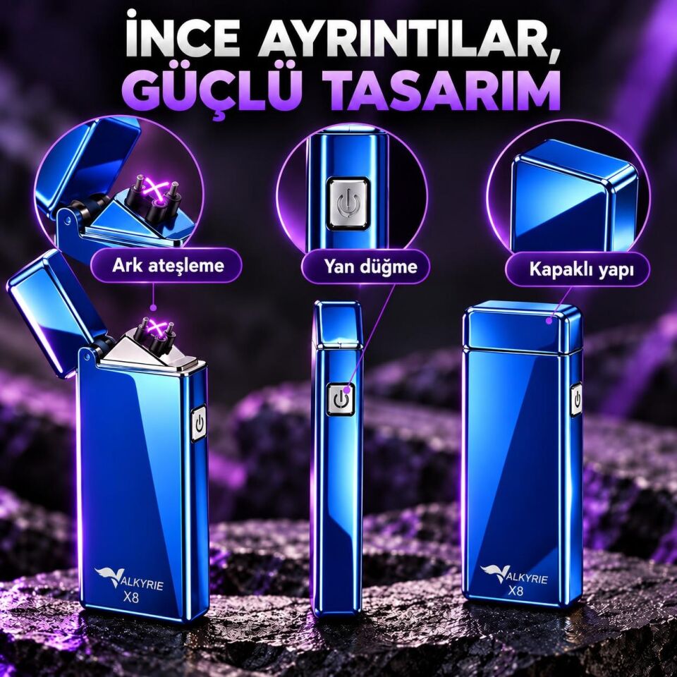 Valkyrie X8 USB Şarjlı Elektronik Ark Çakmak Alevsiz Rüzgara Dayanıklı Metalik Mavi