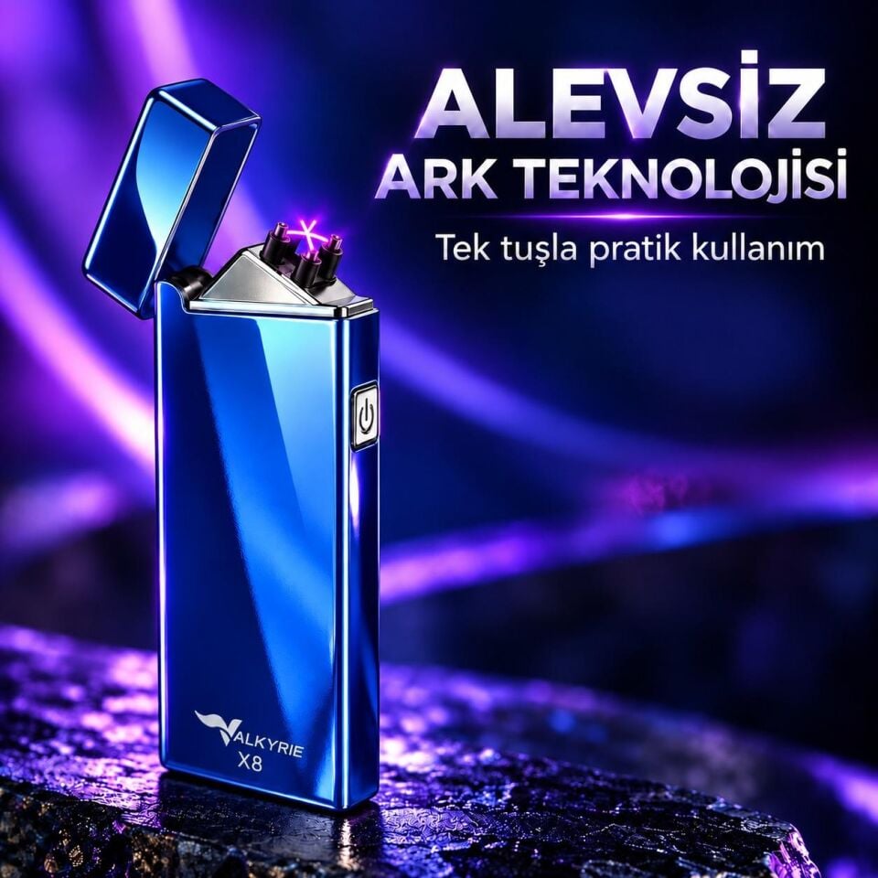 Valkyrie X8 USB Şarjlı Elektronik Ark Çakmak Alevsiz Rüzgara Dayanıklı Metalik Mavi