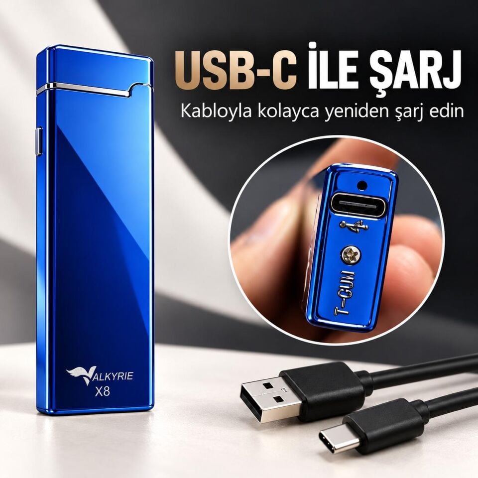 Valkyrie X8 USB Şarjlı Elektronik Ark Çakmak Alevsiz Rüzgara Dayanıklı Metalik Mavi