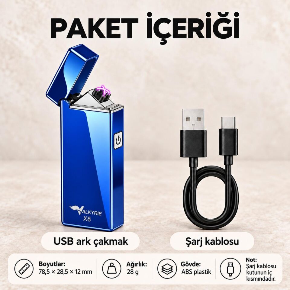 Valkyrie X8 USB Şarjlı Elektronik Ark Çakmak Alevsiz Rüzgara Dayanıklı Metalik Mavi