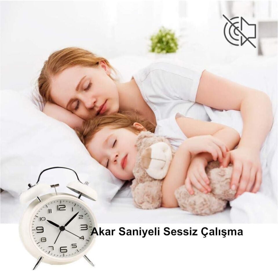 Valkyrie Sessiz Akar Saniyeli 16cm Alarm Masa Çalar Saat Yüksek Zil Sesi Büyük Boy Beyaz