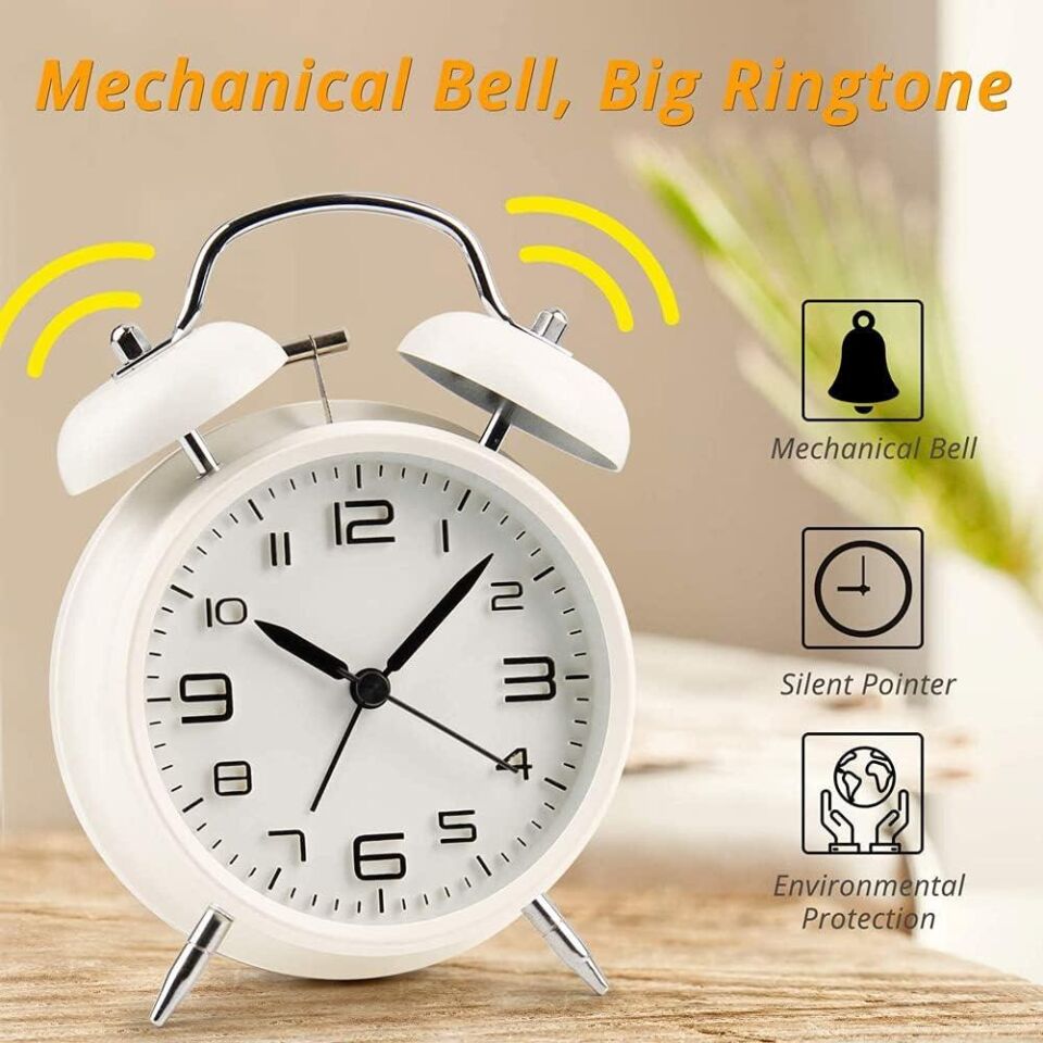 Valkyrie Sessiz Akar Saniyeli 16cm Alarm Masa Çalar Saat Yüksek Zil Sesi Büyük Boy Beyaz