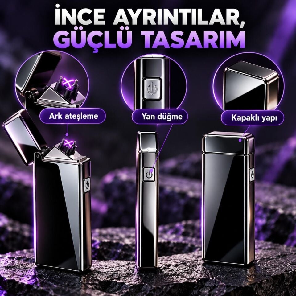 Valkyrie X8 USB Şarjlı Elektronik Ark Çakmak Alevsiz Rüzgara Dayanıklı Metalik Siyah