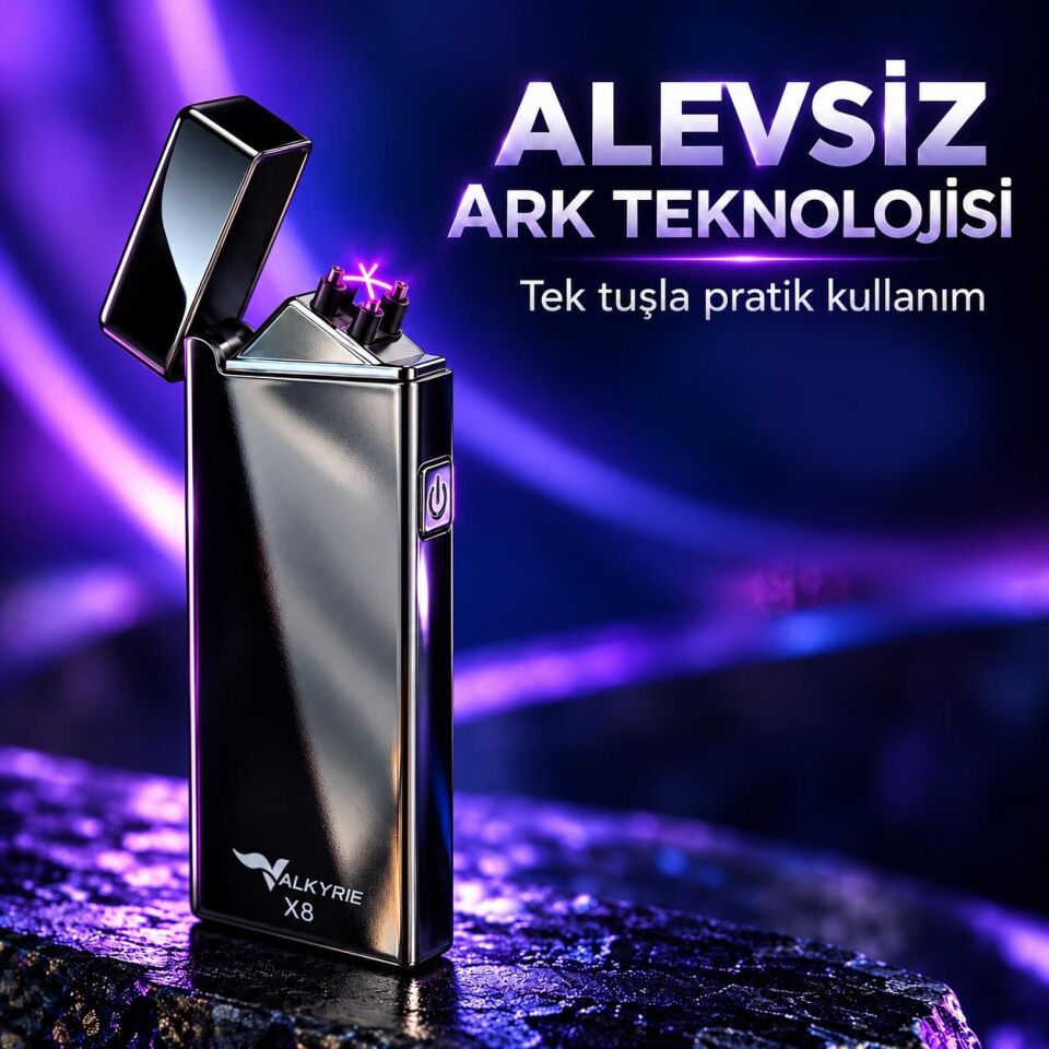Valkyrie X8 USB Şarjlı Elektronik Ark Çakmak Alevsiz Rüzgara Dayanıklı Metalik Siyah