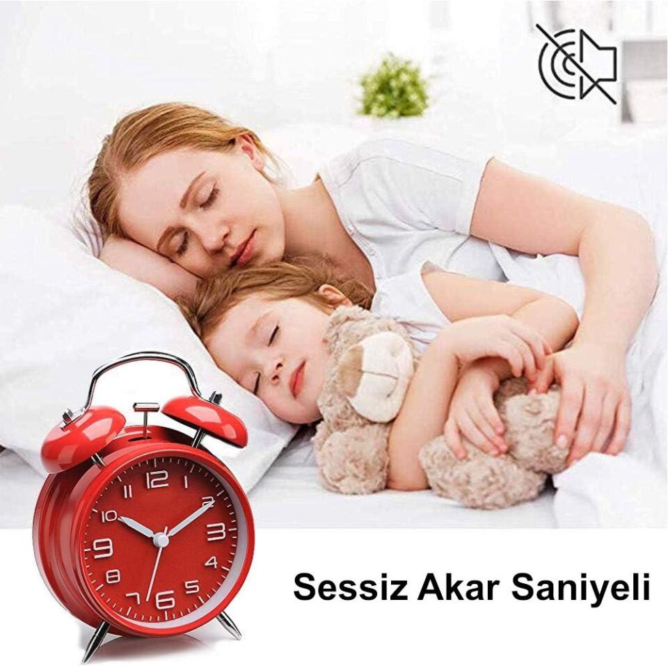 Valkyrie Sessiz Akar Saniyeli 16cm Alarm Masa Çalar Saat Yüksek Zil Sesi Büyük Boy Kırmızı