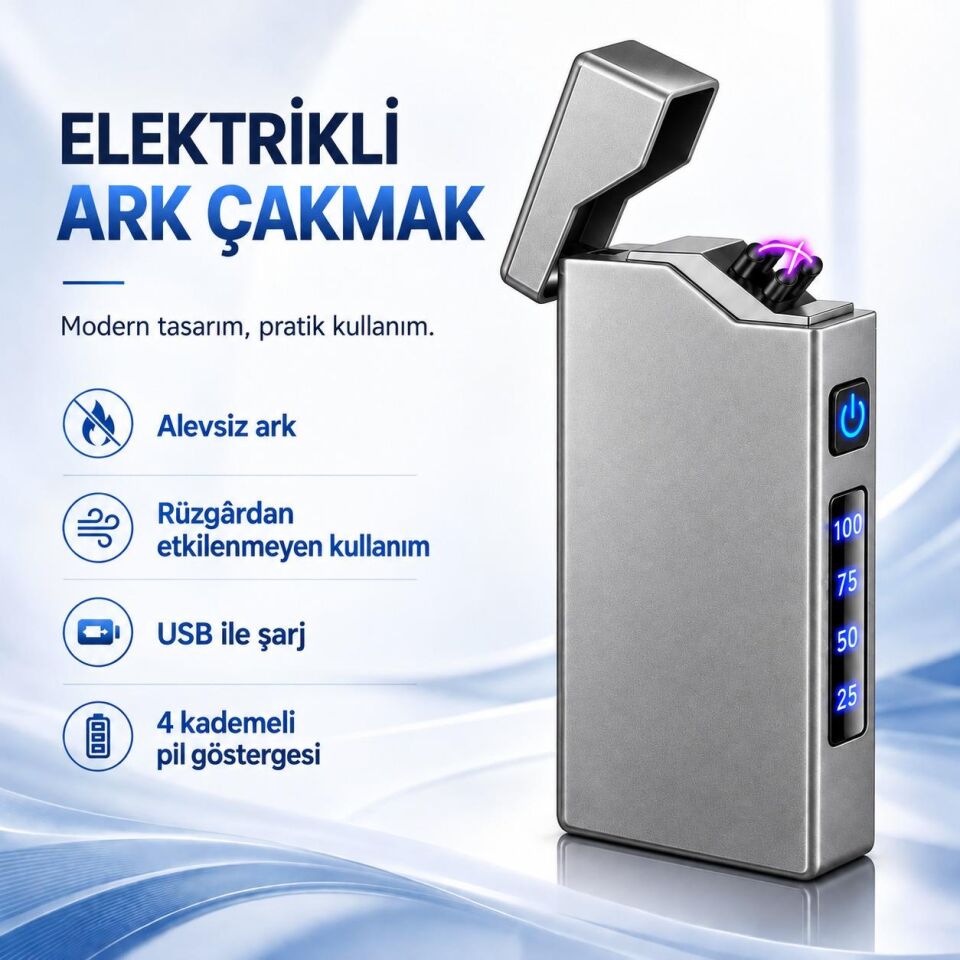 Valkyrie X9 USB Şarjlı Elektronik Ark Çakmak Pil Göstergeli Alevsiz Rüzgara Dayanıklı Gümüş