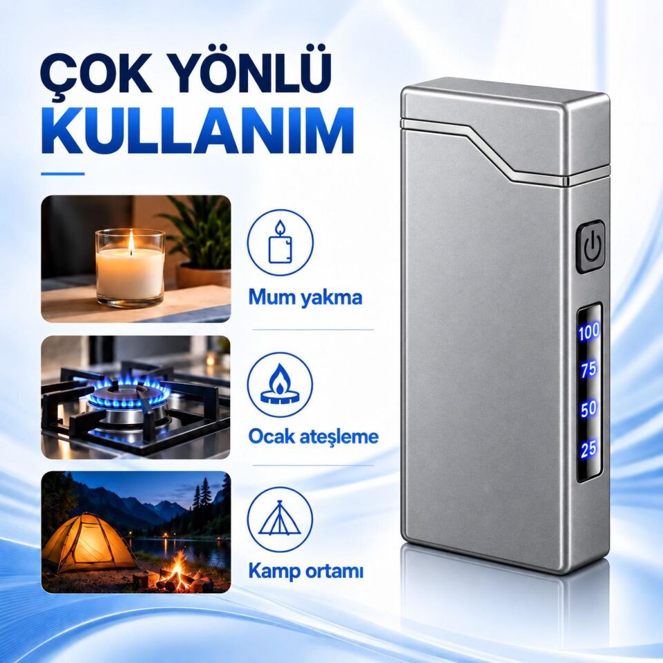 Valkyrie X9 USB Şarjlı Elektronik Ark Çakmak Pil Göstergeli Alevsiz Rüzgara Dayanıklı Gümüş
