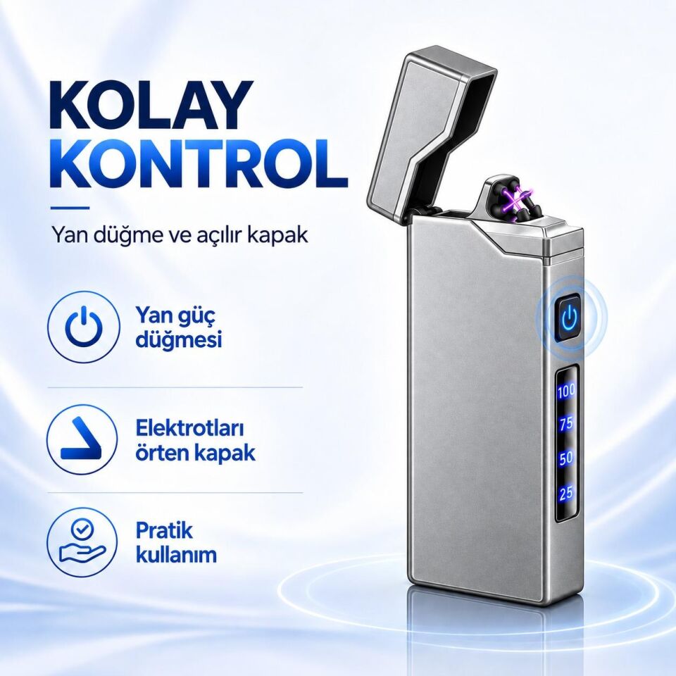 Valkyrie X9 USB Şarjlı Elektronik Ark Çakmak Pil Göstergeli Alevsiz Rüzgara Dayanıklı Gümüş