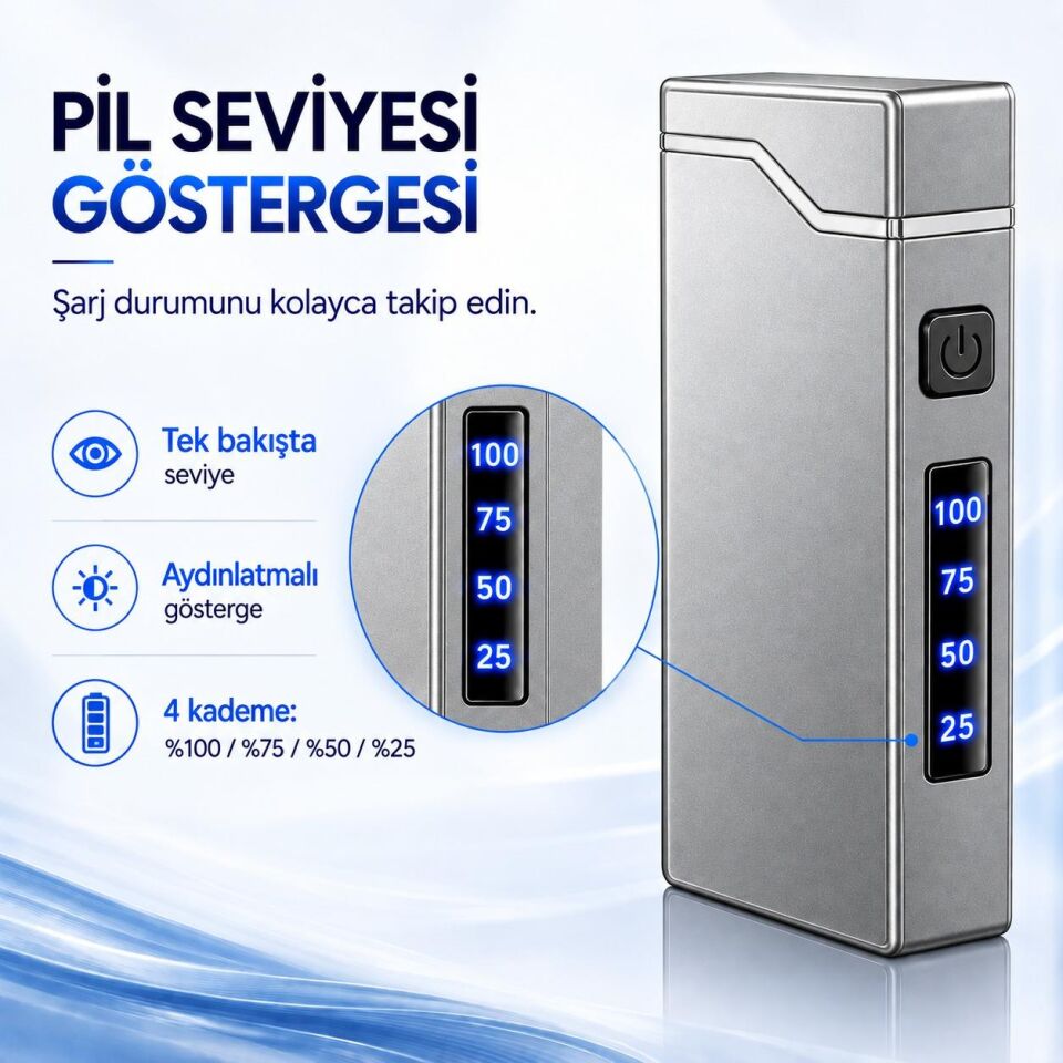 Valkyrie X9 USB Şarjlı Elektronik Ark Çakmak Pil Göstergeli Alevsiz Rüzgara Dayanıklı Gümüş