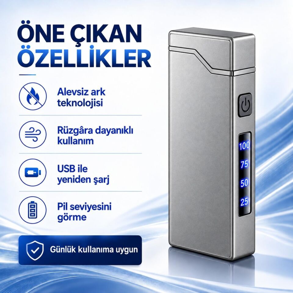 Valkyrie X9 USB Şarjlı Elektronik Ark Çakmak Pil Göstergeli Alevsiz Rüzgara Dayanıklı Gümüş