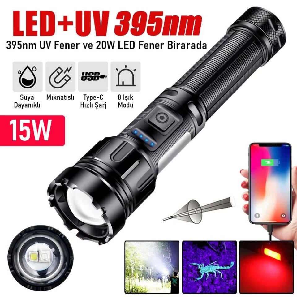 Valkyrie 15W LED + UV El Feneri 1200mAh Şarjlı 9 Mod Zoom Powerbank Özellikli Suya Dayanıklı Fener