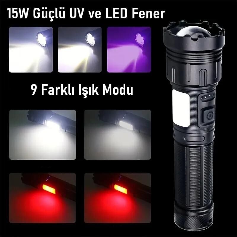 Valkyrie 15W LED + UV El Feneri 1200mAh Şarjlı 9 Mod Zoom Powerbank Özellikli Suya Dayanıklı Fener