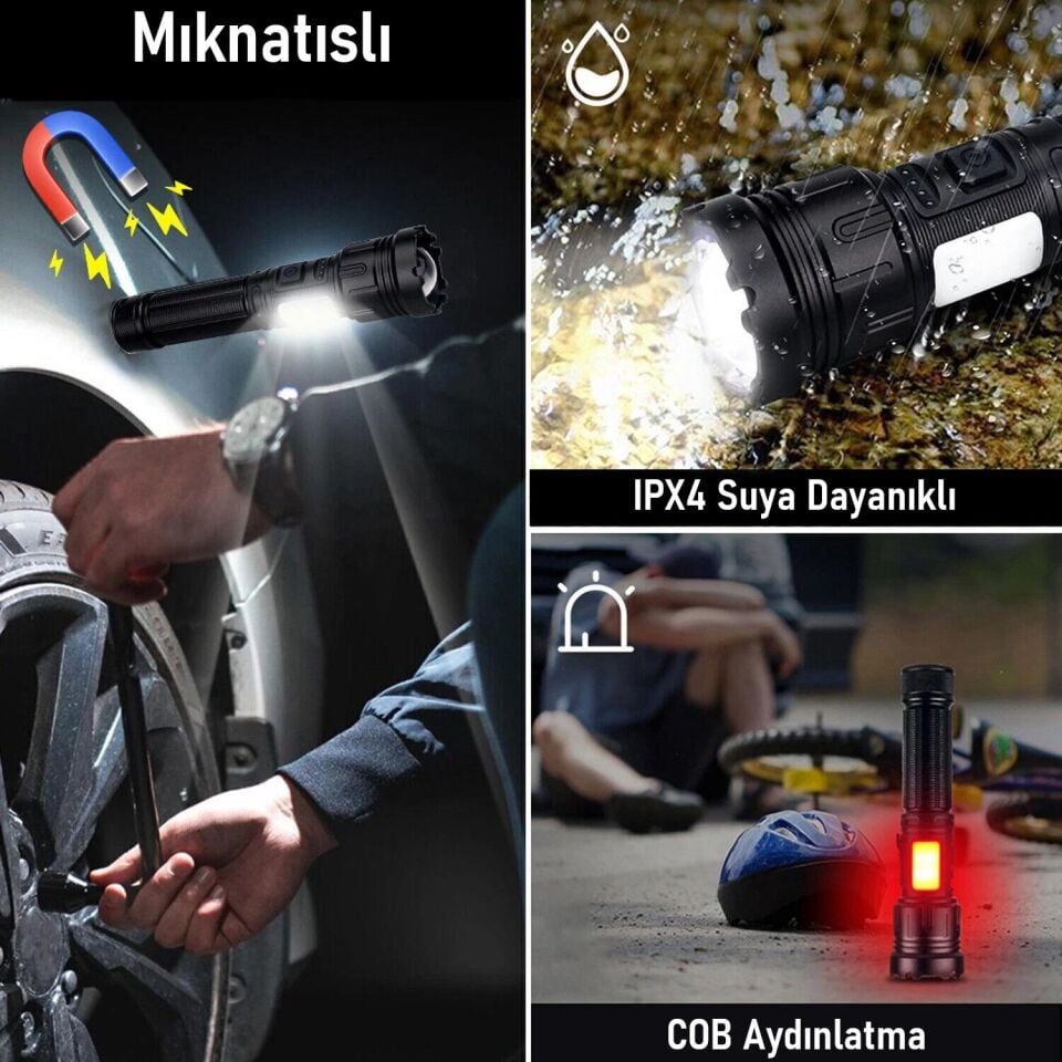 Valkyrie 15W LED + UV El Feneri 1200mAh Şarjlı 9 Mod Zoom Powerbank Özellikli Suya Dayanıklı Fener