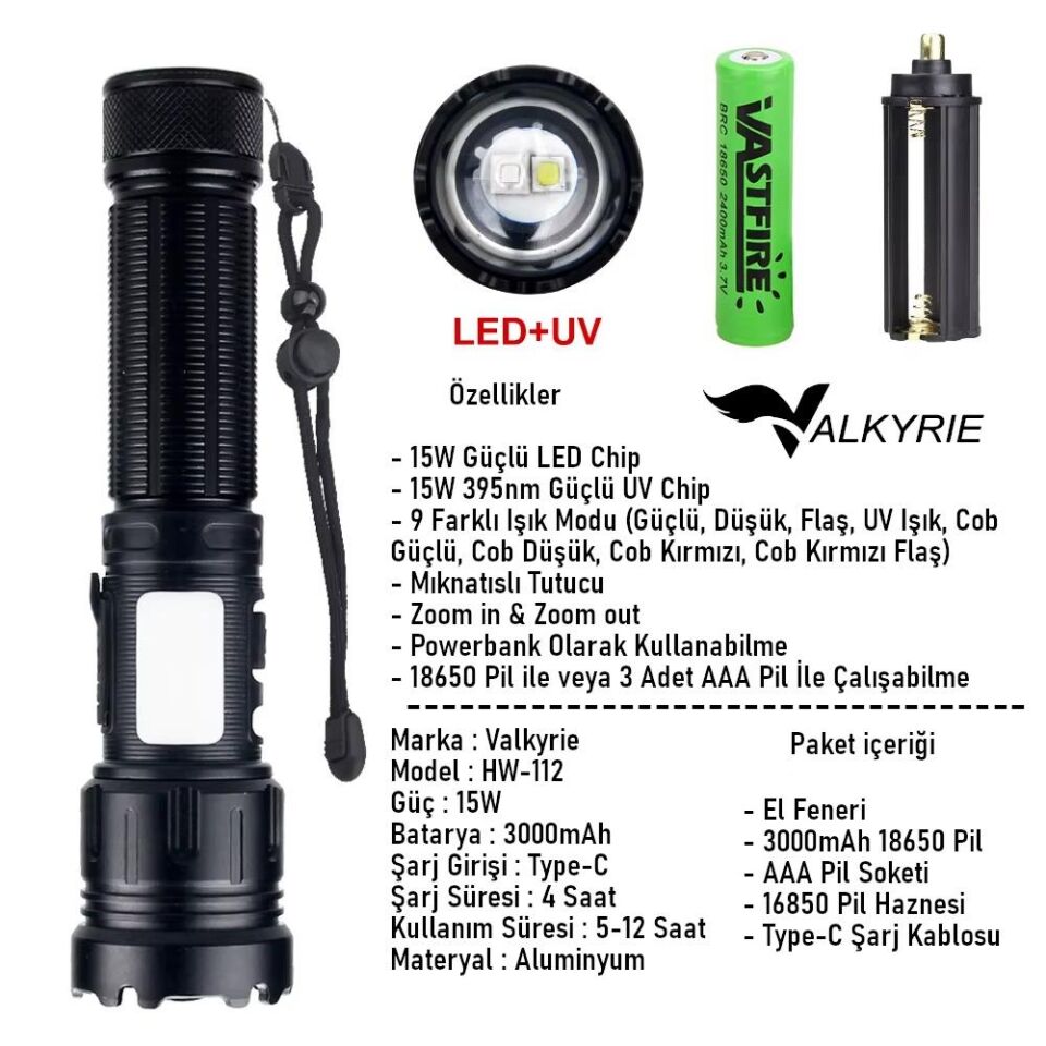 Valkyrie 15W LED + UV El Feneri 1200mAh Şarjlı 9 Mod Zoom Powerbank Özellikli Suya Dayanıklı Fener