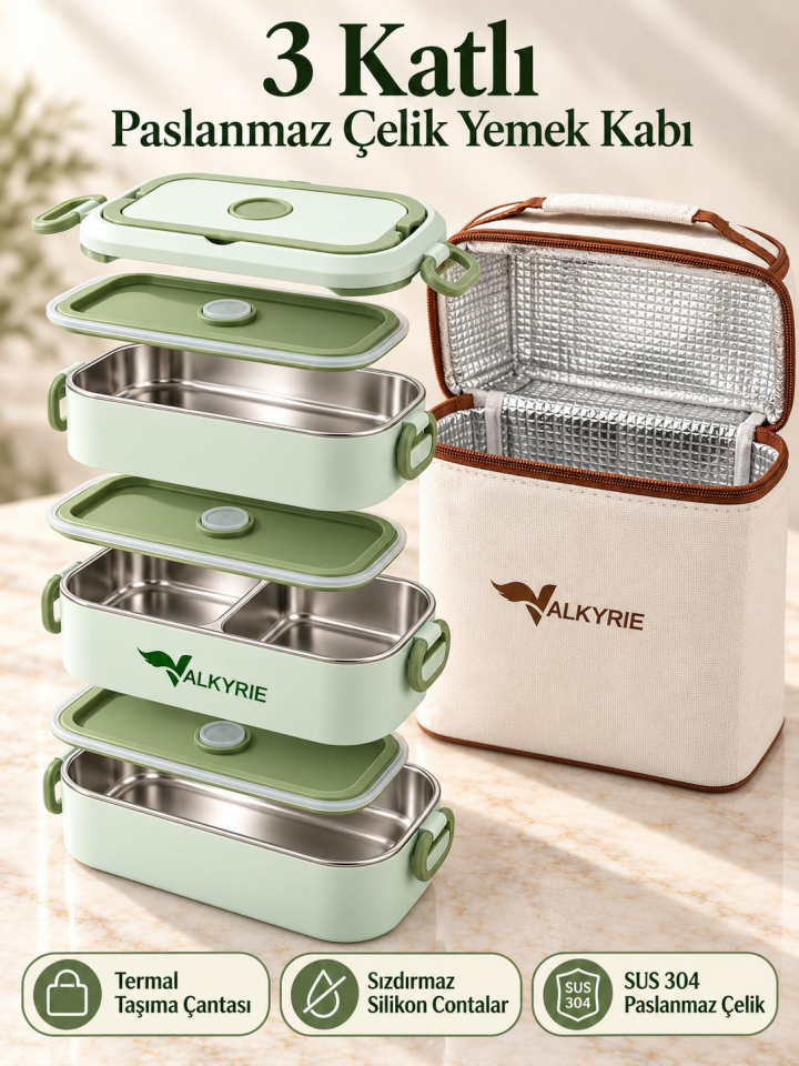 Valkyrie 3 Katlı Paslanmaz Çelik Yemek Kabı Sızdırmaz Kapaklı Sefer Tası Termal Çantalı Lunch Box