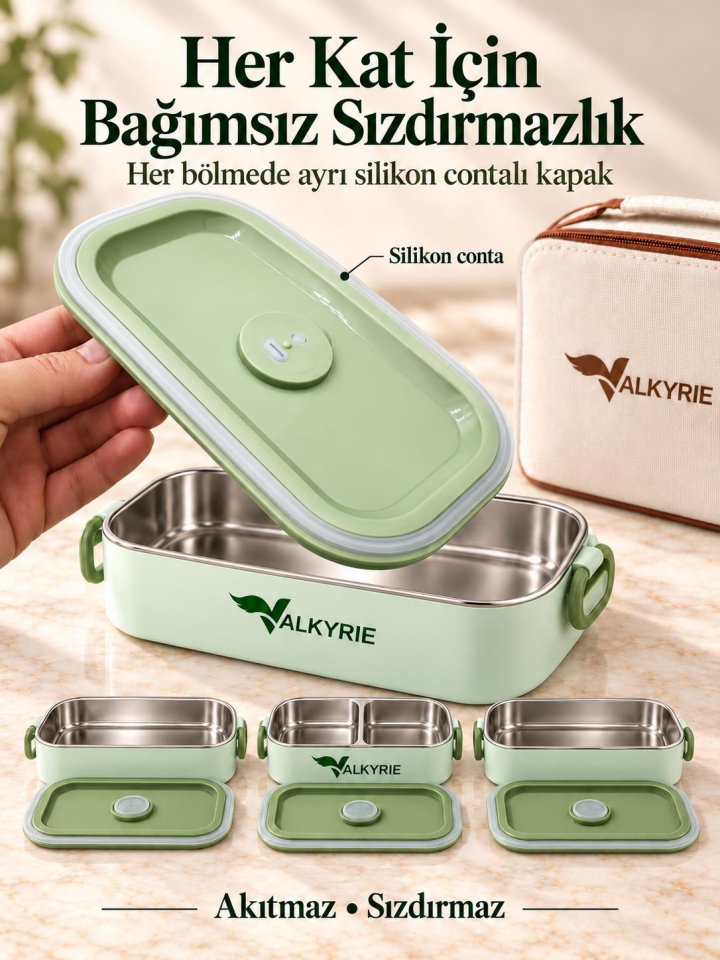 Valkyrie 3 Katlı Paslanmaz Çelik Yemek Kabı Sızdırmaz Kapaklı Sefer Tası Termal Çantalı Lunch Box