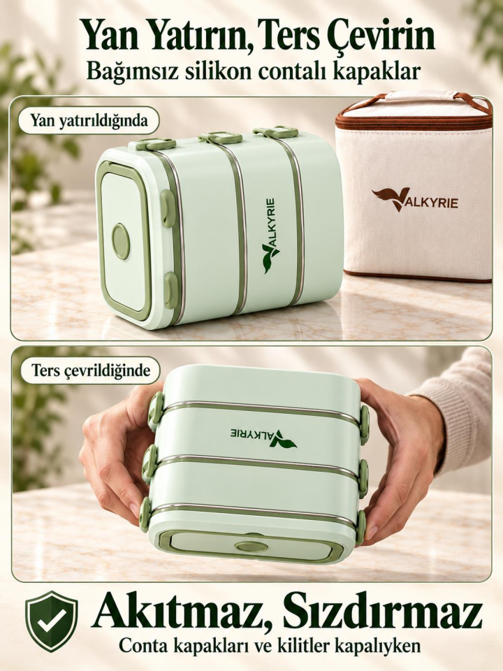 Valkyrie 3 Katlı Paslanmaz Çelik Yemek Kabı Sızdırmaz Kapaklı Sefer Tası Termal Çantalı Lunch Box
