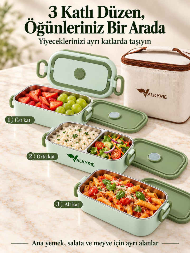 Valkyrie 3 Katlı Paslanmaz Çelik Yemek Kabı Sızdırmaz Kapaklı Sefer Tası Termal Çantalı Lunch Box