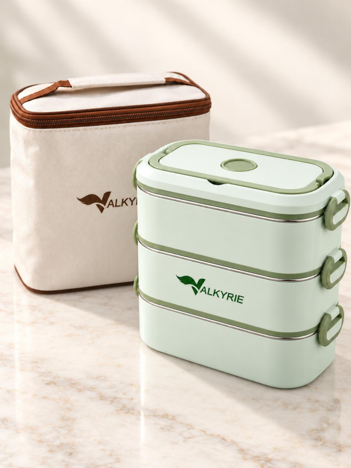 Valkyrie 3 Katlı Paslanmaz Çelik Yemek Kabı Sızdırmaz Kapaklı Sefer Tası Termal Çantalı Lunch Box