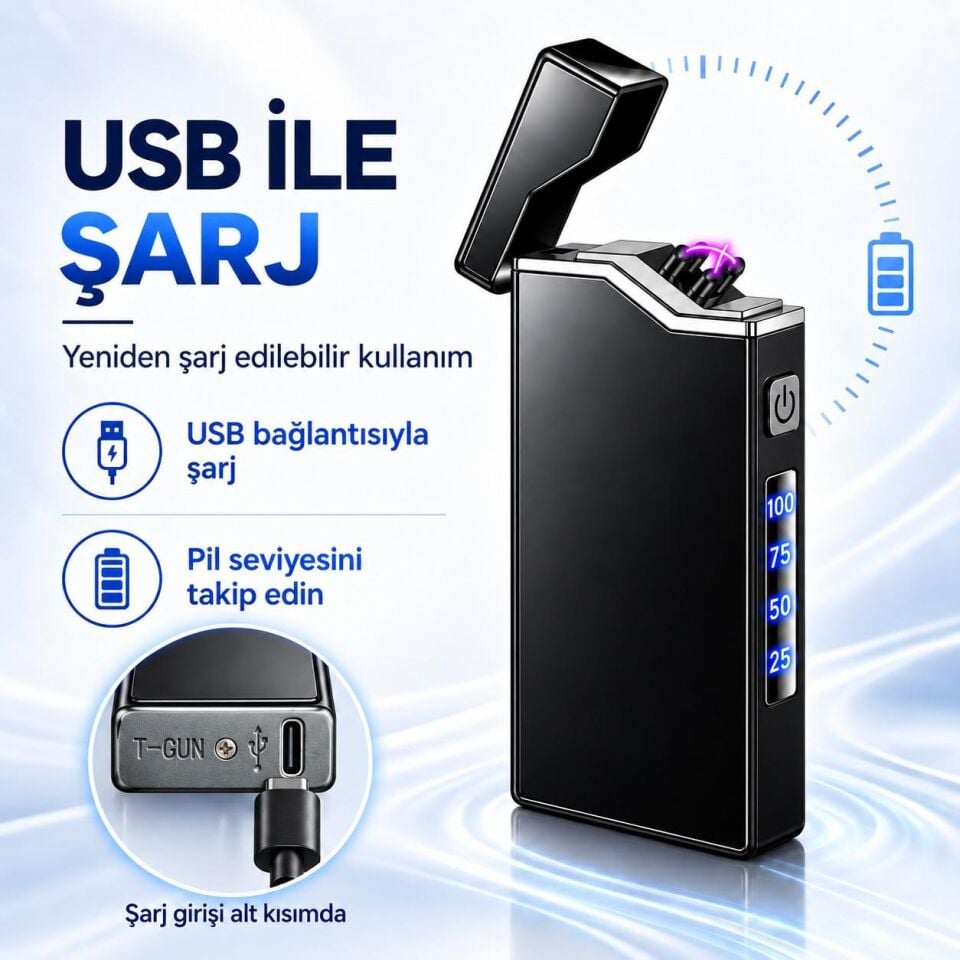 Valkyrie X9 USB Şarjlı Elektronik Ark Çakmak Pil Göstergeli Alevsiz Rüzgara Dayanıklı Siyah