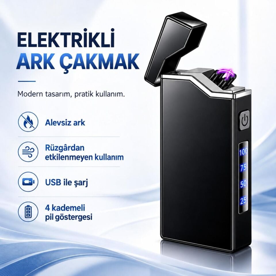 Valkyrie X9 USB Şarjlı Elektronik Ark Çakmak Pil Göstergeli Alevsiz Rüzgara Dayanıklı Siyah