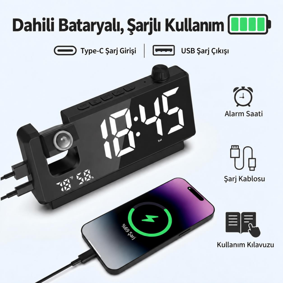 Valkyrie Projeksiyonlu Dijital Alarm Saat Dahili Bataryalı LED Ekranlı USB Şarj Çıkışlı