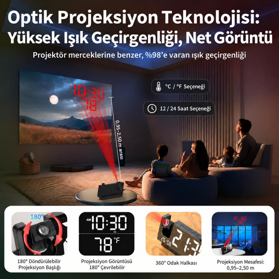 Valkyrie Projeksiyonlu Dijital Alarm Saat Dahili Bataryalı LED Ekranlı USB Şarj Çıkışlı