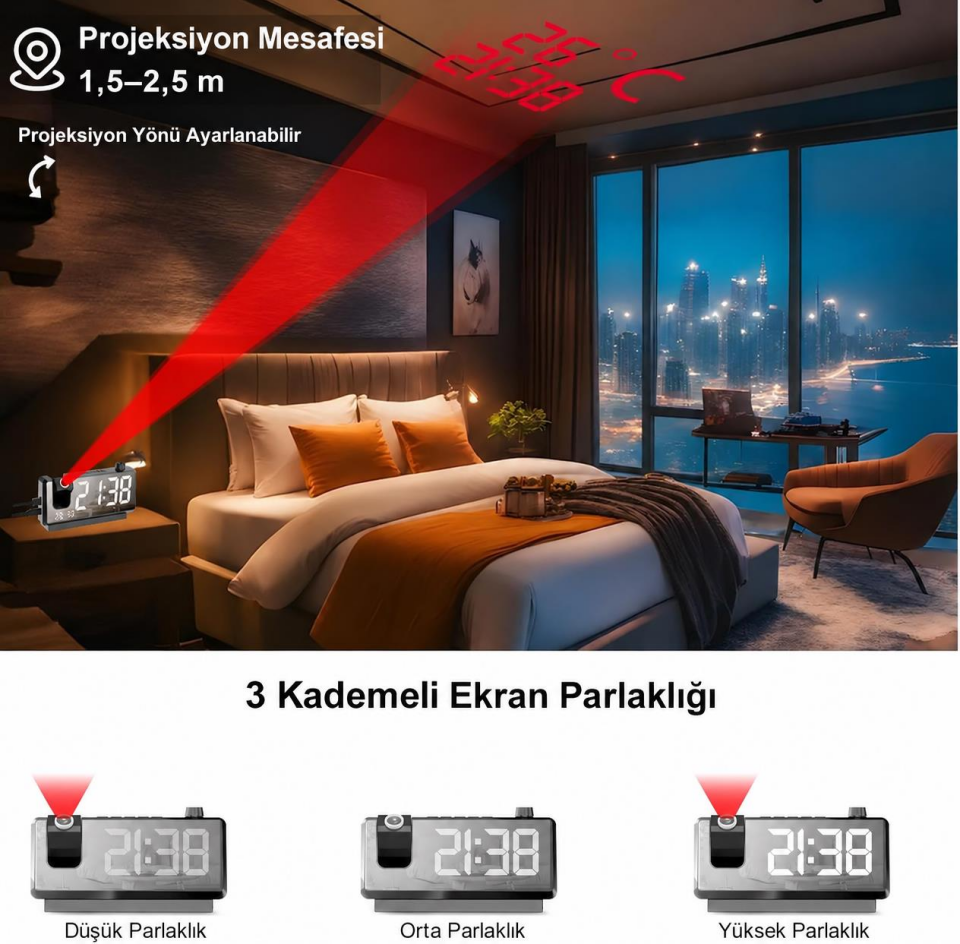 Valkyrie Projeksiyonlu Dijital Alarm Saat Dahili Bataryalı LED Ekranlı USB Şarj Çıkışlı