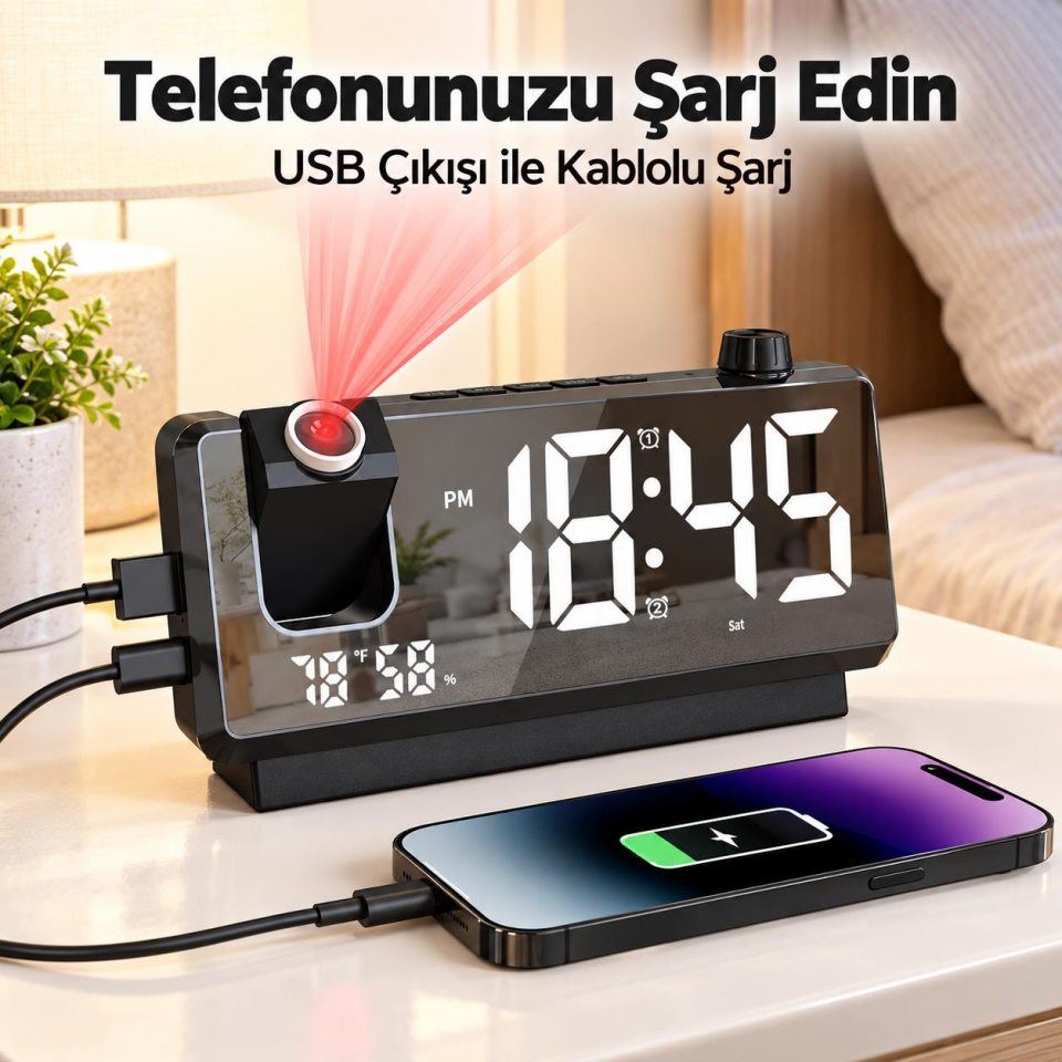 Valkyrie Projeksiyonlu Dijital Alarm Saat Dahili Bataryalı LED Ekranlı USB Şarj Çıkışlı