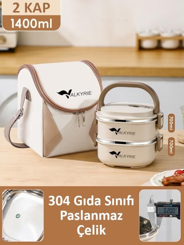 Valkyrie 2 Katlı Yemek Kabı 1400 ml – Termal Çantalı Lunch Box, 304 Paslanmaz Çelik, BPA İçermez