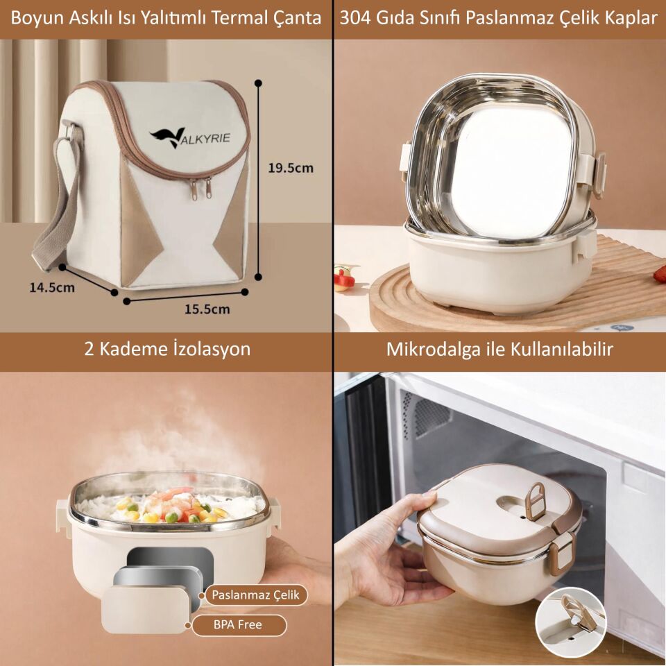 Valkyrie 2 Katlı Yemek Kabı 1400 ml – Termal Çantalı Lunch Box, 304 Paslanmaz Çelik, BPA İçermez