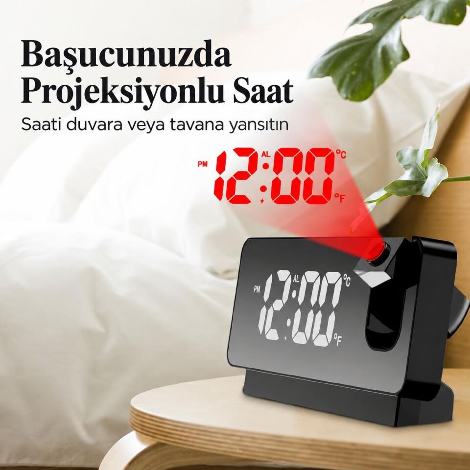 Valkyrie Projeksiyonlu Dijital Alarm Saat LED Ekranlı Termometreli Çift Alarmlı Siyah