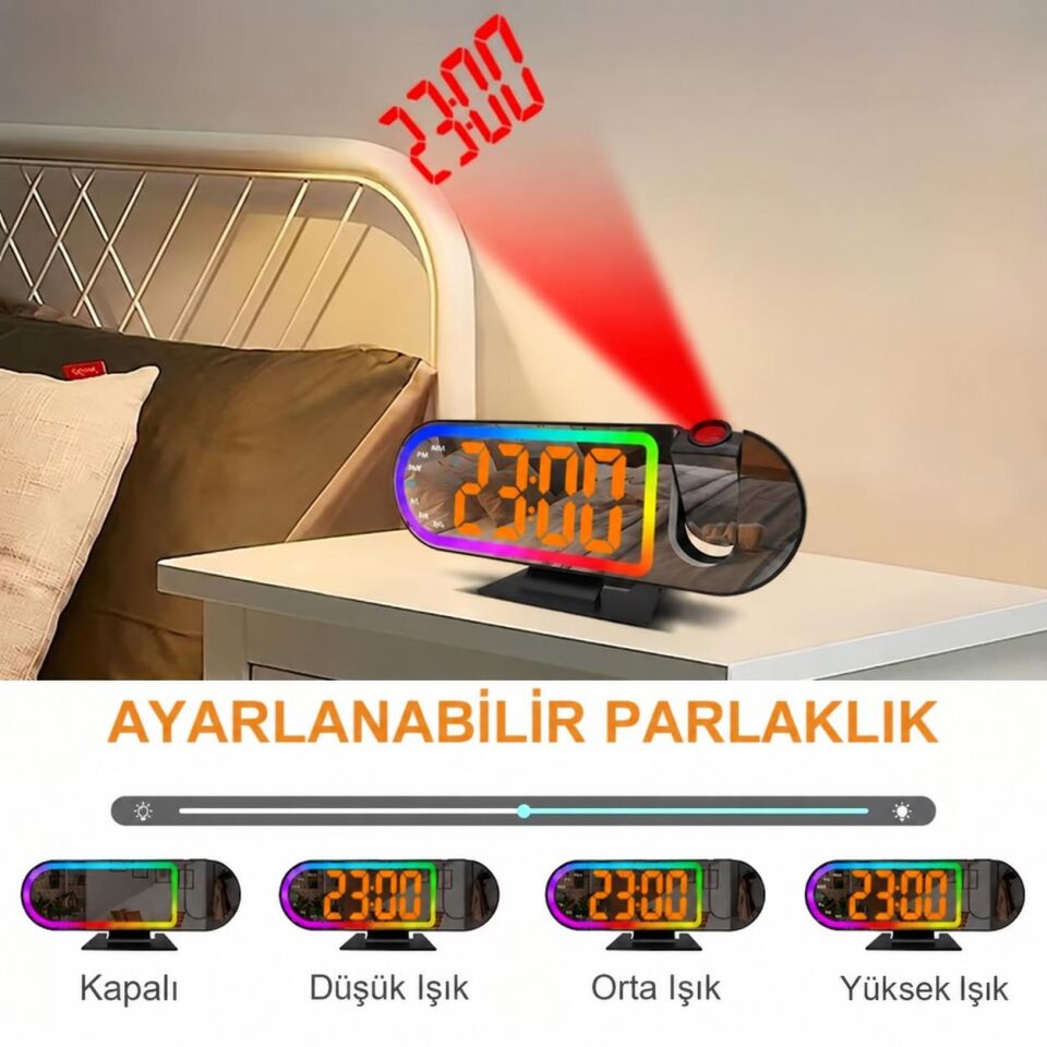 Valkyrie RGB Işıklı Projeksiyonlu Dijital Alarm Saat 17 Modlu LED Ekranlı Çalar Saat