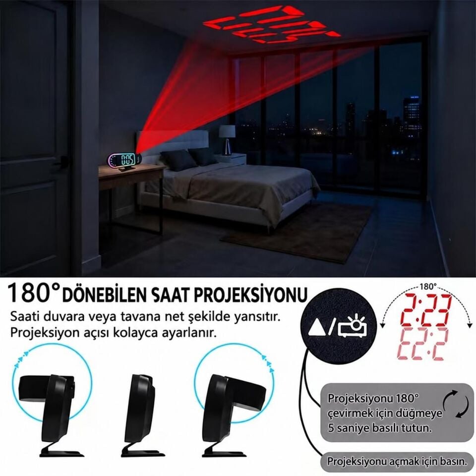Valkyrie RGB Işıklı Projeksiyonlu Dijital Alarm Saat 17 Modlu LED Ekranlı Çalar Saat