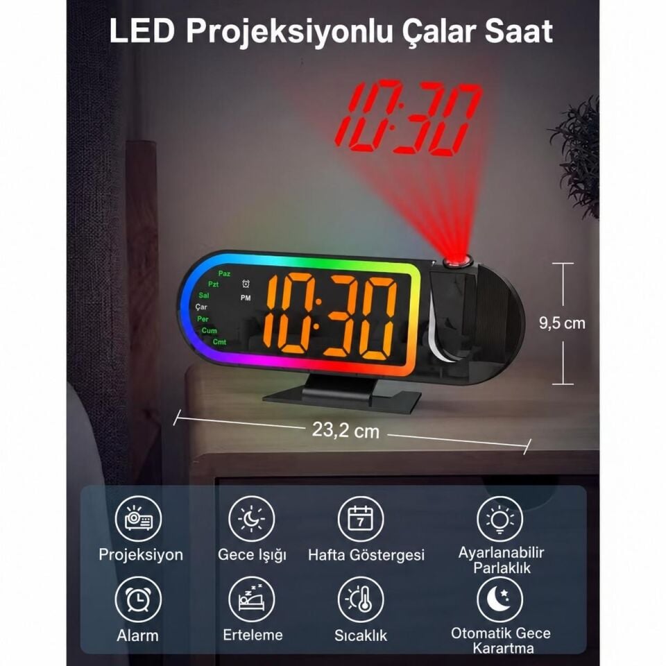 Valkyrie RGB Işıklı Projeksiyonlu Dijital Alarm Saat 17 Modlu LED Ekranlı Çalar Saat