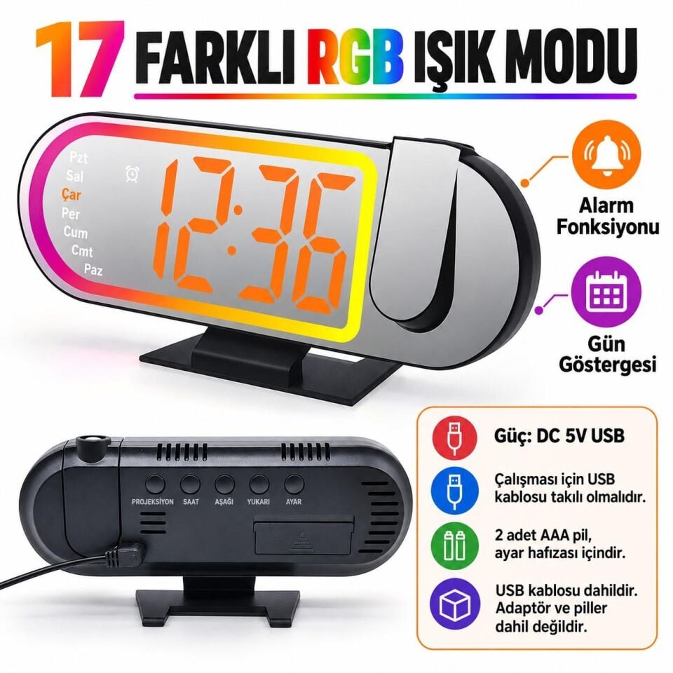 Valkyrie RGB Işıklı Projeksiyonlu Dijital Alarm Saat 17 Modlu LED Ekranlı Çalar Saat